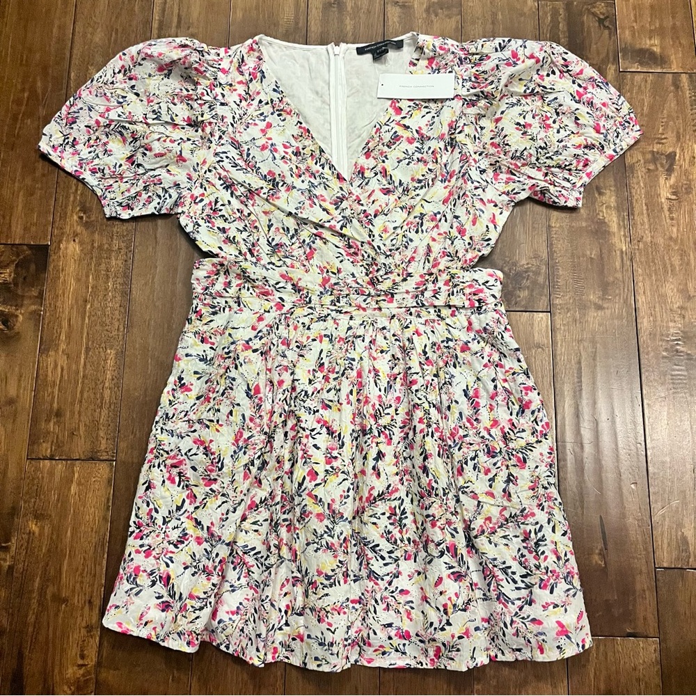 French Connection Flores Cotton Cut Out Fit & Flare Dress Puffy Sleeves  NWT